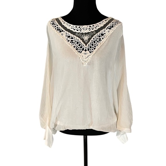 Carla Conti Tops - Carla Conti Italy Silk Blouse Womens Medium Cream Crochet Lace V-Neck  Top Flowy